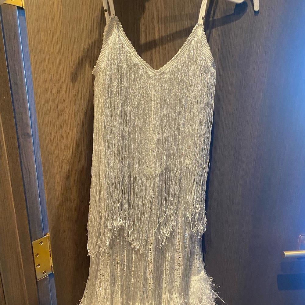 12th Tribe - NEW, Disco Fever Silver Fringe Mini Dress, Small